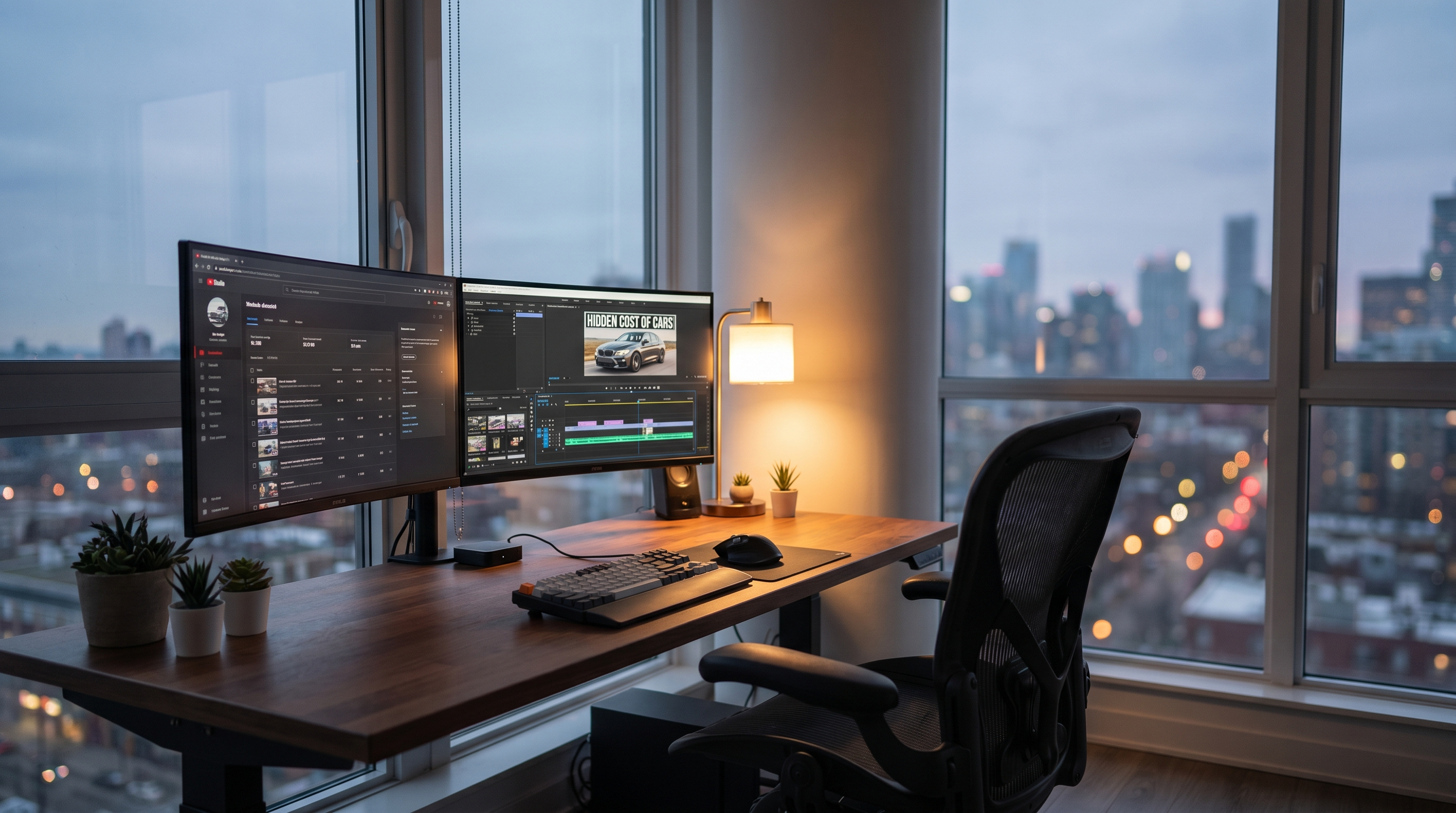 Modern minimalist faceless YouTube workspace with dual monitors