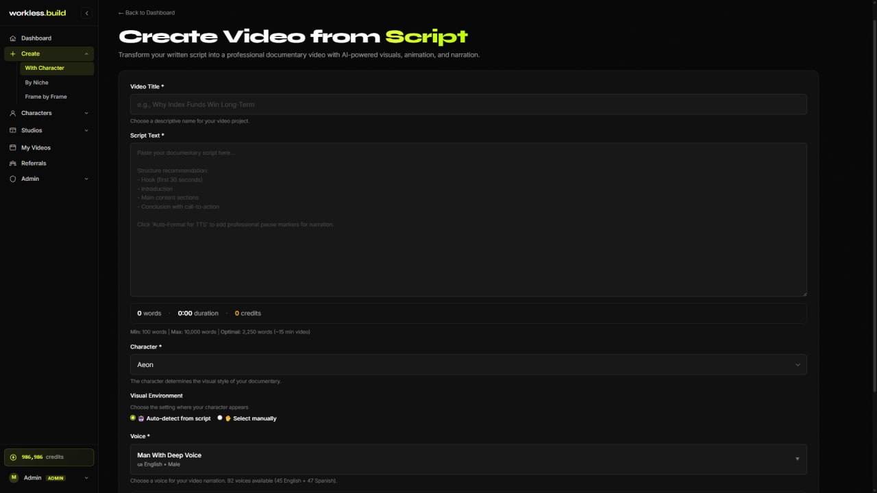 Create Video from Script — WorkLess interface for niche-driven AI scripting
